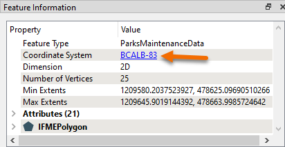 Viewing coordinate system information in the Feature Information Window